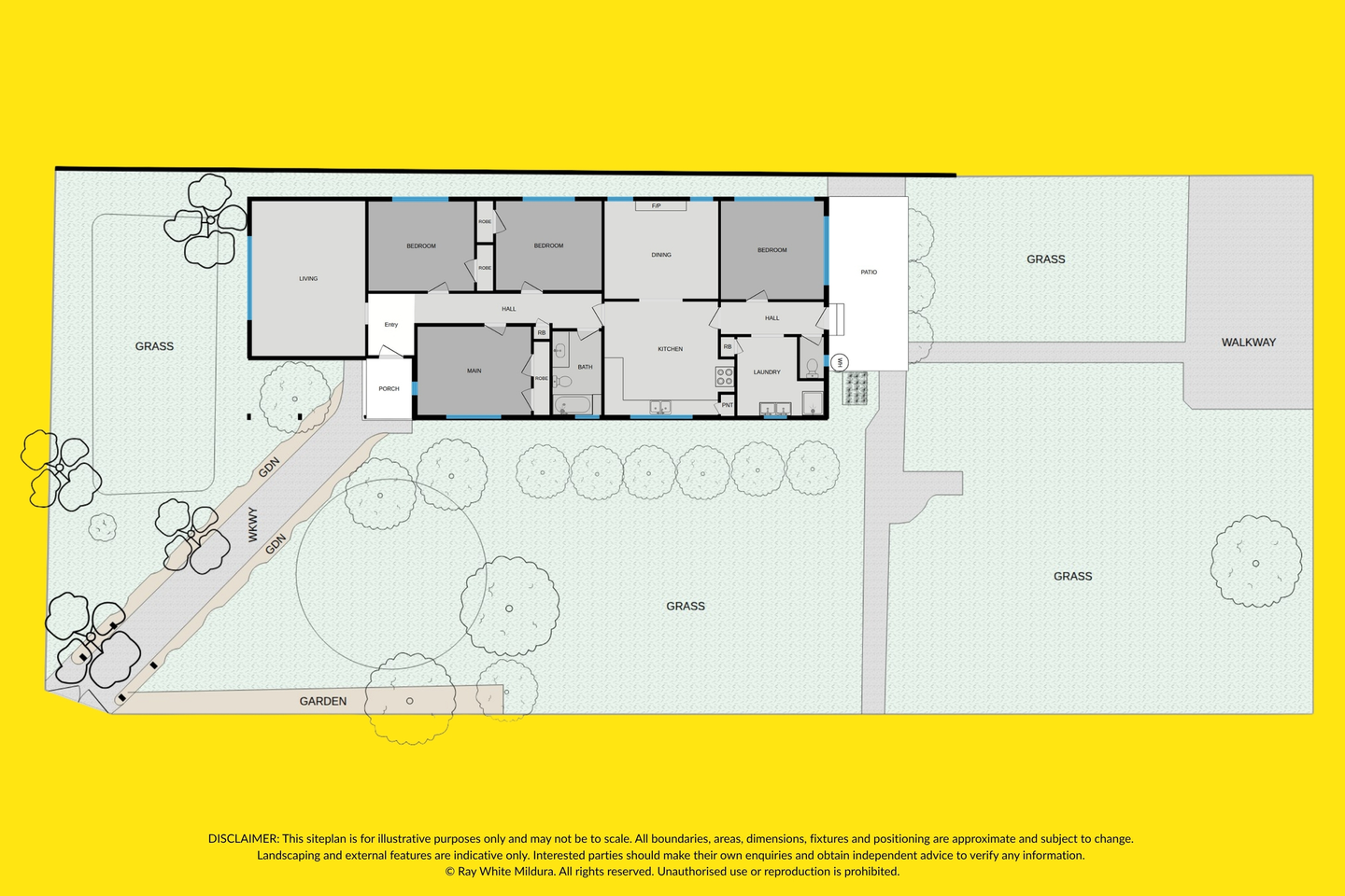 Floor and site plan of the existing residence showing living, dining, kitchen, bedrooms, bathroom, laundry, porch, patio and surrounding garden