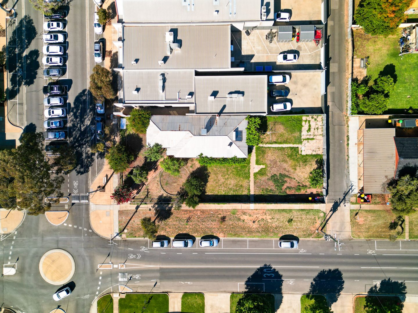 Overhead view of the site and street corner