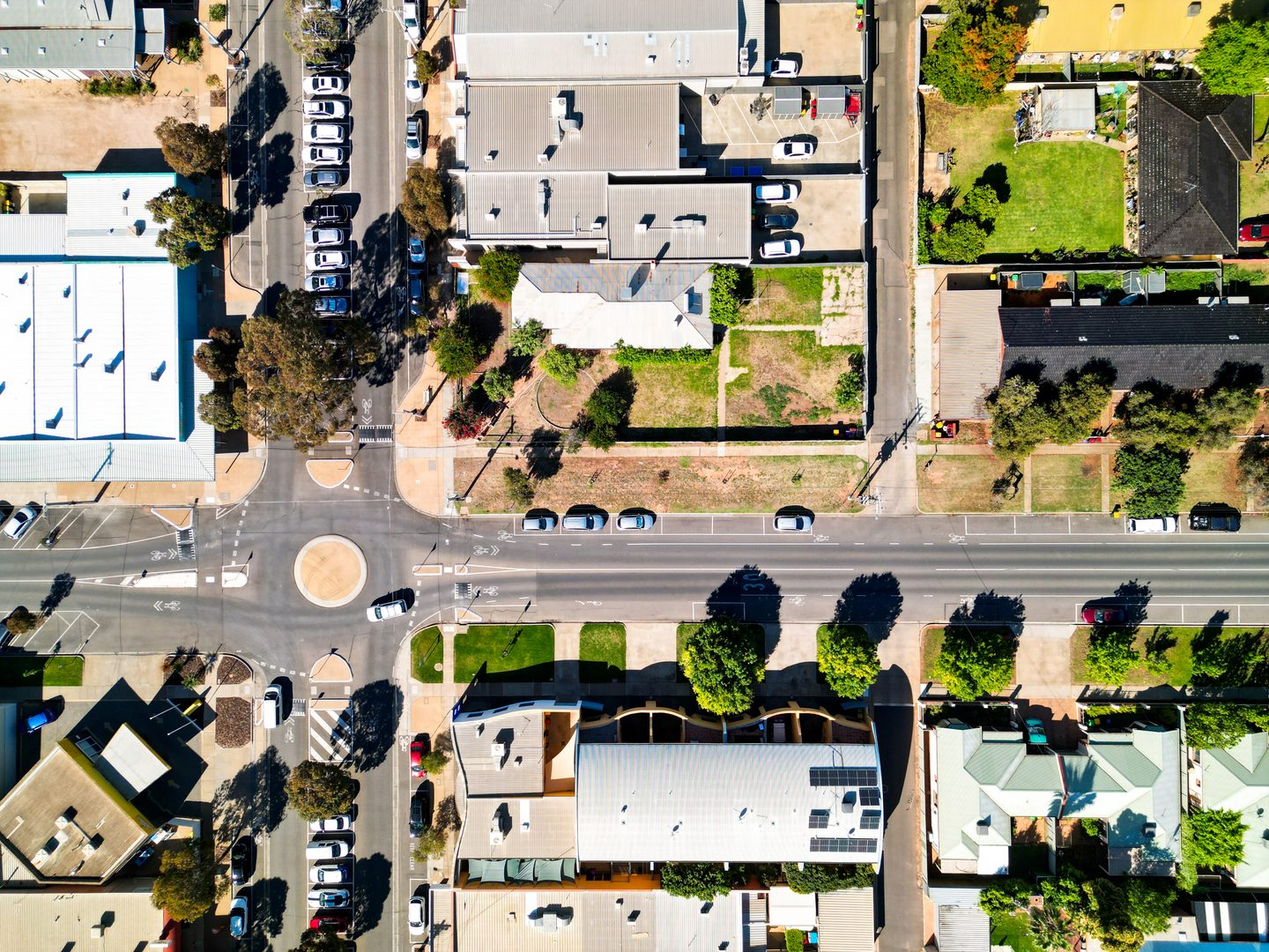 Overhead view of the corner and surrounding properties