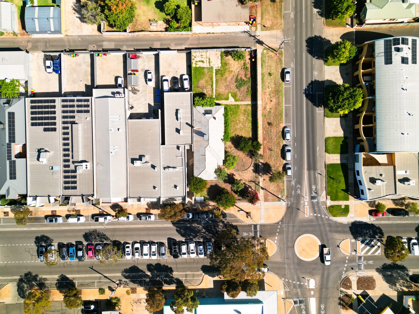 Overhead view of the corner and adjoining properties