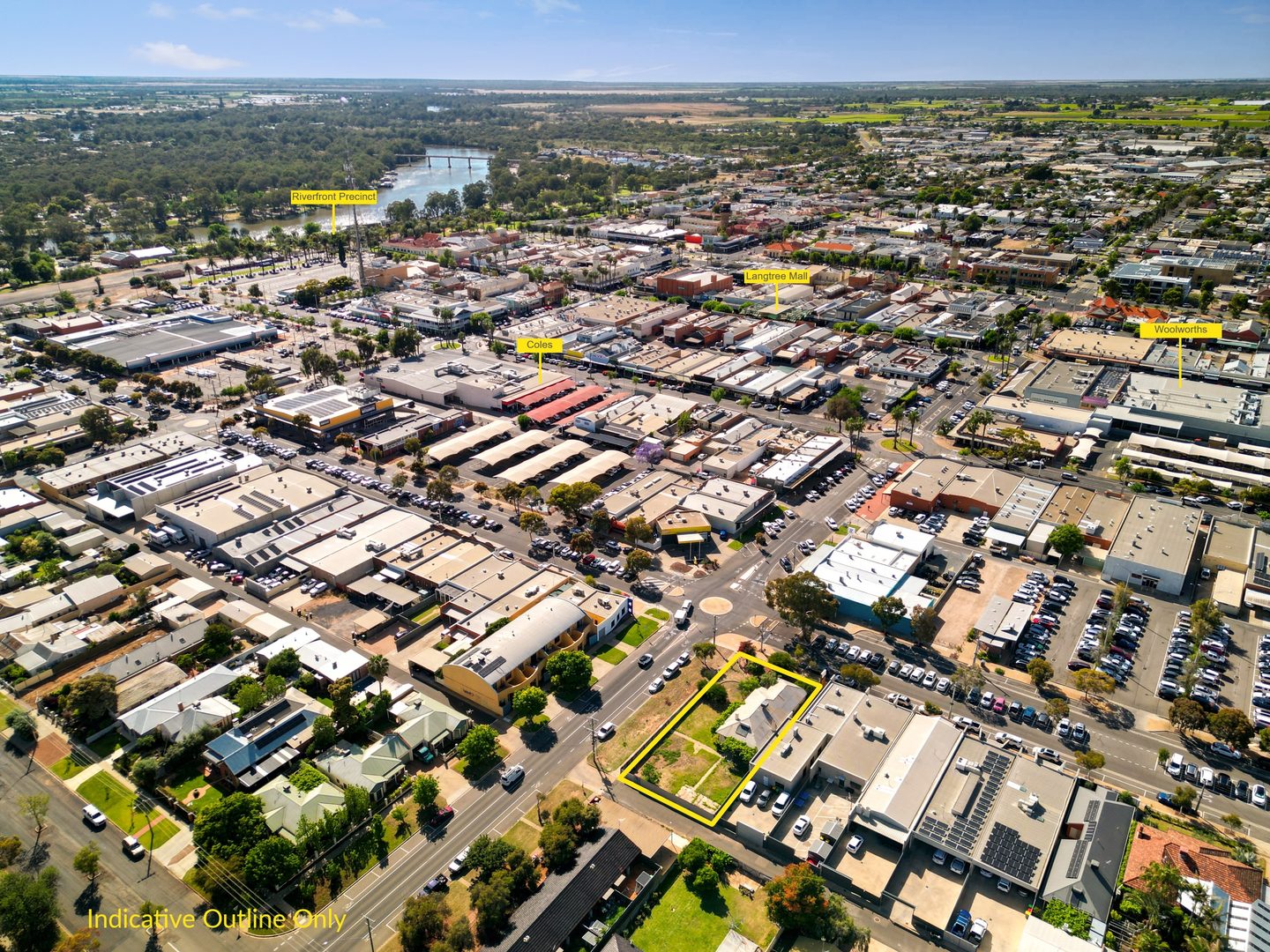 Aerial photograph of central Mildura with the property indicatively outlined